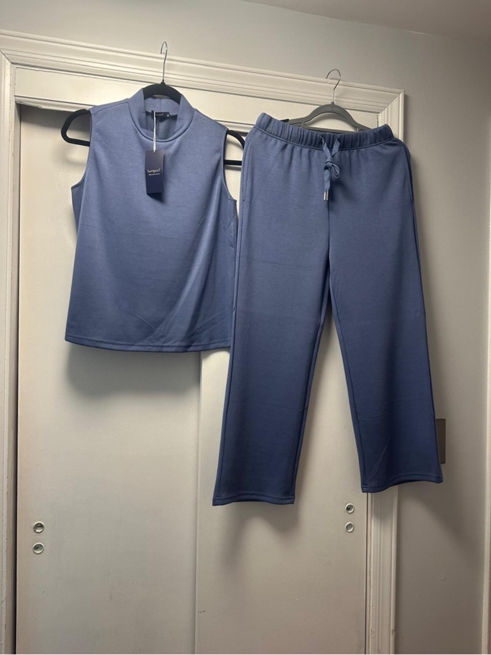 Sleeveless Mock Neck Top & Drawstring Pants Set in Dusty Blue